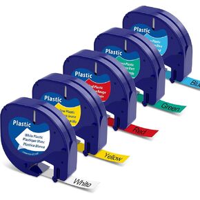 Replacement for Dymo Label Maker Refills LetraTag Plastic Label Tape Compatible with Dymo LetraTag LT-100H LT-100T QX50 200B 2000, 91331 91332 91333 91334 91335, 12mm x 4m 1/2" x 13', 5 Pack