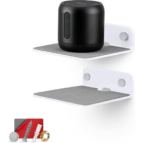 BRAINWAVZ 2-Pack 4" Small Floating Shelf Bluetooth Speaker Stand, Adhesive & Screw Wall Mount, Anti Slip, for Cameras, Baby Monitors, Webcam, Router & More, Universal Holder (SHELF11 White)
