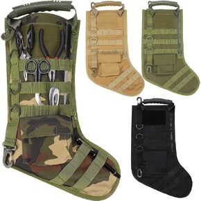 4 Pcs Tactical Christmas Stocking Military 8.7 x 17 Inch Fishing Christmas Stocking with Zip Pocket Storage Bag for Family Party Decorations Ornaments Gifts, Green, Black, Khaki and Camouflage