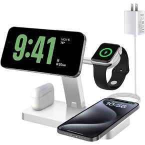Magnetic Charging Station,PDKUAI for MagSafe 4 in 1 Fast Wireless Charger Stand for iPhone 16,15,14,13,12 Pro/Max/Mini/Plus,Apple Watch 10/9/8/7/6/SE/5/Ultra and Airpods 4/3/2/1 with Adapter-Black