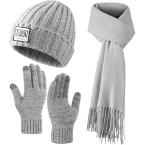 Women Winter Hat Beanie+Long Scarf+Touch Screen Gloves Set, Warm Clothes Set with Knit Fleece Lined for Women/Men Winter