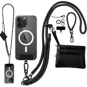 Phone Lanyard Crossbody Wrist Strap, Clip and Go Strap for Phone with Wallet, Adjustable Anti-Theft Cell Phone Strap for All Phones (Black Lanyard + Black Wallet)
