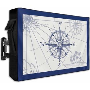 Outdoor TV Cover Waterproof Weatherproof 52 to 55 Inch, Nautical Blue Retro Map Compass Coconut Palm Tree Outside TV Covers with Zipper Flap, TV Screen Protectors for LED LCD OLED Television