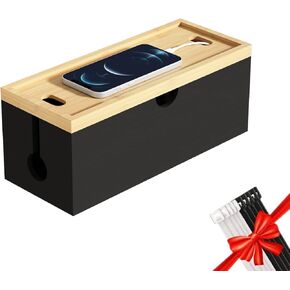 Bamboo Cable Management Box, Large Cord Organizer Box Cable Box to Hide Wires & Power Strips for Desktop Storage Cord Holder for Office Home,No Assembley Required