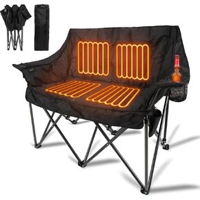 Double Heated Camping Chair, Fully Plush Padded Camping Chair Loveseat with Cup Holder, 2 Persons Lawn Chair Camping Couch for Outdoor/Patio, Supports up to 600lbs, Gray, No Power Bank