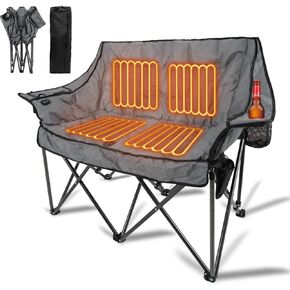 Double Heated Camping Chair, Fully Plush Padded Camping Chair Loveseat with Cup Holder, 2 Persons Lawn Chair Camping Couch for Outdoor/Patio, Supports up to 600lbs, Gray, No Power Bank