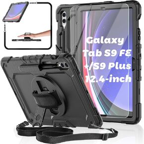 حافظة كمبيوتر لوحي لجهاز Samsung Galaxy Tab S9 FE+/S9+ Plus 5G 12.4 بوصة 2023 مع واقي شاشة من الزجاج المقوى، مسند قابل للدوران/حزام اليد والكتف/حامل قلم S (أزرق)
