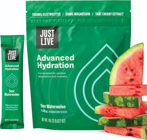 Just Live Advanced Hydration - Sour Watermelon, Electrolyte Drink Mix, Tart Cherry Extract, Supports Recovery & Absorption, Low Sugar, 14 Pack in Saudi Arabia