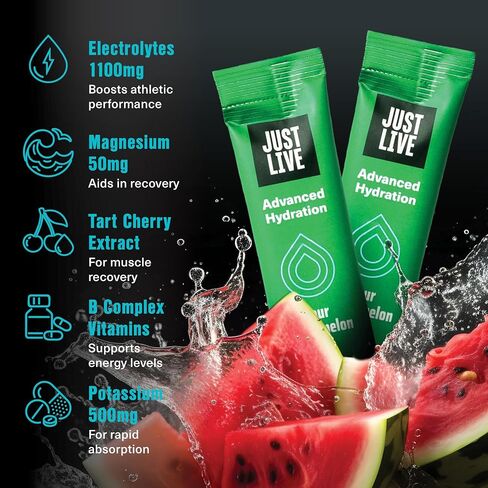 Just Live Advanced Hydration - Sour Watermelon, Electrolyte Drink Mix, Tart Cherry Extract, Supports Recovery & Absorption, Low Sugar, 14 Pack in Saudi Arabia