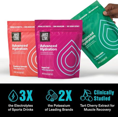 Just Live Advanced Hydration - Sour Watermelon, Electrolyte Drink Mix, Tart Cherry Extract, Supports Recovery & Absorption, Low Sugar, 14 Pack in Saudi Arabia