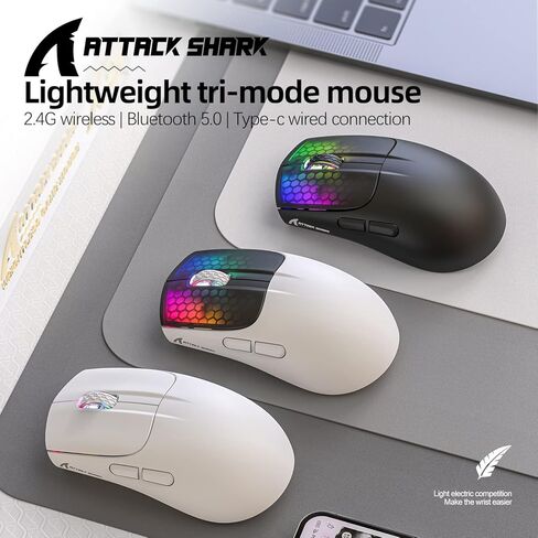 ATTACK SHARK X5 Wireless Gaming Mouse with Tri-Modes BT 5.1/2.4Ghz/USB-C,Lightweight 49g,PAW3212 Optical Sensor,Rechargeable Battery,RGB LED Honeycomb Mice for PC/Tablet/Desktop/Office/Games-Black in Saudi Arabia