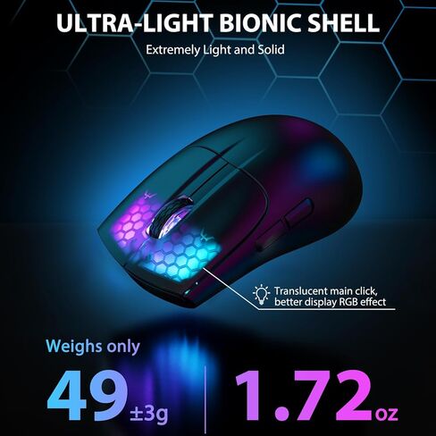 ATTACK SHARK X5 Wireless Gaming Mouse with Tri-Modes BT 5.1/2.4Ghz/USB-C,Lightweight 49g,PAW3212 Optical Sensor,Rechargeable Battery,RGB LED Honeycomb Mice for PC/Tablet/Desktop/Office/Games-Black in Saudi Arabia