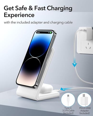 2-in-1 for Magsafe-Compatible Charger Stand with PD 20W USB-C Charger Block & Cable, Fast Charging Wireless Charger Designed for iPhone 17 Pro Max/16/15/14/13/12, AirPods 4/3/Pro 3/Pro 2/Pro, White in Kuwait
