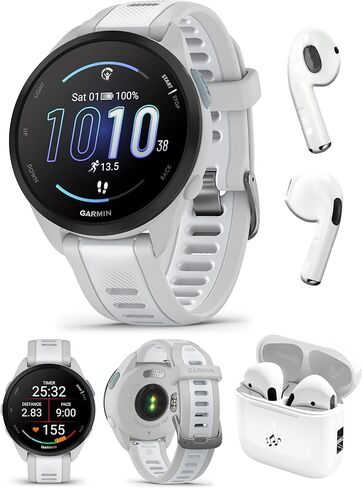 حزمة ساعة Garmin Forerunner 165 (رمادي ضبابي/حجر أبيض) تعمل بنظام تحديد المواقع العالمي (GPS) - شاشة لمس AMOLED، بطارية تدوم 11 يومًا، تدريب واسترداد مع سماعات أذن PlayBetter اللاسلكية للجري in Kuwait