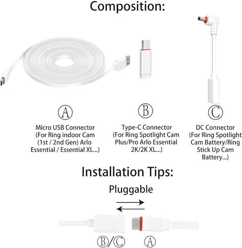 سلك طاقة مسطح بطول 10 أقدام مع محول للكاميرا الحلقية، وكاميرا Ring Spotlight Cam Plus/Pro/البطارية، وبطارية كاميرا Ring Stick Up، وArlo Essential/XL، وArlo Essential 2K/XL، وكابل شحن مقاوم للطقس مع شاحن 2 حزمة in Kuwait