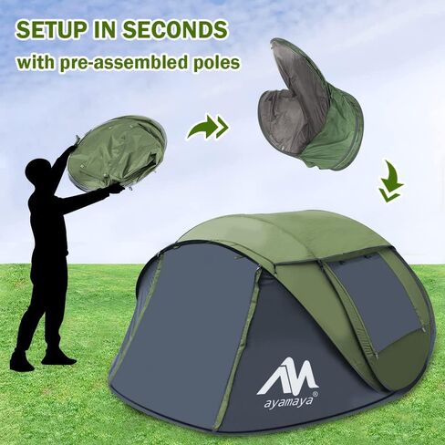 4 Person Pop Up Tents for Camping - AYAMAYA Waterproof Instant Family Tents with Skylight & Removable Rainfly, Upgraded Large Size with 2 Doors -Automatic Easy Setup Beach Tent with Poles in Kuwait