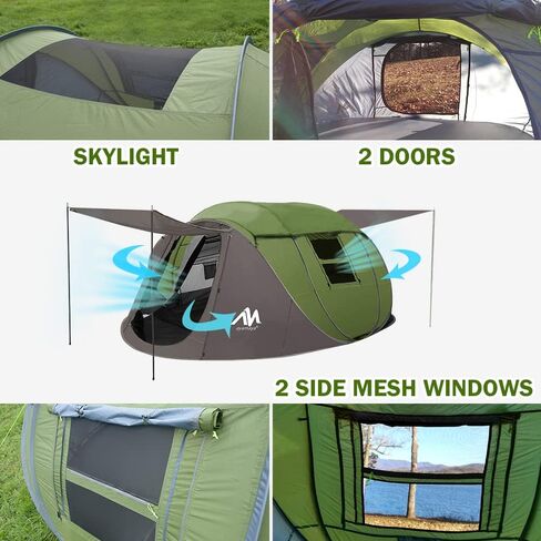 4 Person Pop Up Tents for Camping - AYAMAYA Waterproof Instant Family Tents with Skylight & Removable Rainfly, Upgraded Large Size with 2 Doors -Automatic Easy Setup Beach Tent with Poles in Kuwait