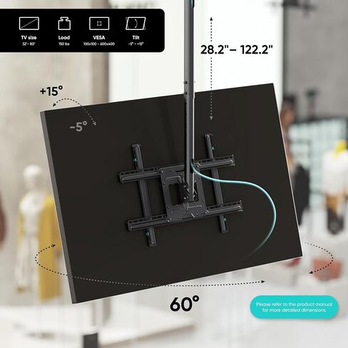 ONKRON TV Ceiling Mount for 32-80 Inch Screen up to 150 lbs, Long & Height Adjustable TV Mount Ceiling max VESA 600x400 Full Motion Ceiling TV Mount Swivel and Tilt/Ceiling Mount TV Bracket Black in Kuwait