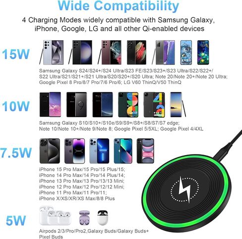 Wireless Charger Fast Charging Pad for Motorola Razr/Edge 2024,Moto G 5G 2024,Moto G Power/Stylus 5G 2024,15W Charging Station with QC Adapter for Samsung Galaxy S24 S23 S22,iPhone 16/15,Pixel 9 8a 8 in Saudi Arabia