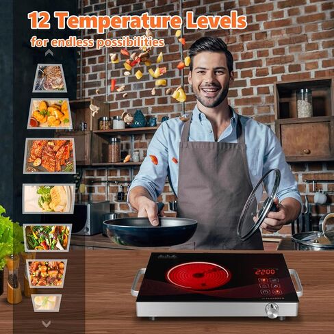 طباخ كهربائي محمول يعمل بالأشعة تحت الحمراء للطهي، موقد شعلة واحدة، لوح تسخين مدمج بقدرة 2200 واط، تحكم في درجة الحرارة قابل للتعديل، مستشعر باللمس ومقبض in Saudi Arabia