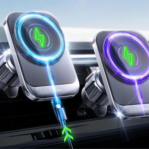 شاحن LISEN for MagSafe Car Mount لهاتف iPhone 16، شاحن تهوية عالمي لاسلكي بقدرة 15 وات لهاتف iPhone 16 وإكسسوارات السيارة وحامل هاتف مغناطيسي، يناسب iPhone 16 Pro Max Plus Mini 16 15 14 13 أسود in Kuwait