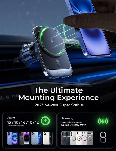 شاحن LISEN for MagSafe Car Mount لهاتف iPhone 16، شاحن تهوية عالمي لاسلكي بقدرة 15 وات لهاتف iPhone 16 وإكسسوارات السيارة وحامل هاتف مغناطيسي، يناسب iPhone 16 Pro Max Plus Mini 16 15 14 13 أسود in Kuwait