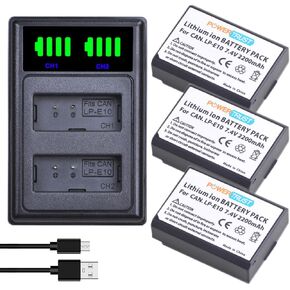 3X LP-E10 Battery and Dual USB Charger for Canon 1100D 1200D 1300D Rebel T3 T5 KISS X50 X70 Battery