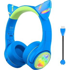 Riwbox CF9 Cat Ear Kids Bluetooth Headphones with LED Light Up,Safe 85dB Volume Limit,Built-in Mic&Boom Mic for Calls,Kids Wireless&Wired Headphones for Tablet/Airplane/School/Online Learning (Green)