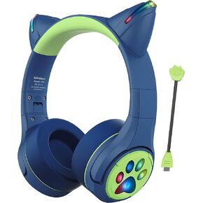 Riwbox CF9 Cat Ear Kids Bluetooth Headphones with LED Light Up,Safe 85dB Volume Limit,Built-in Mic&Boom Mic for Calls,Kids Wireless&Wired Headphones for Tablet/Airplane/School/Online Learning (Green)