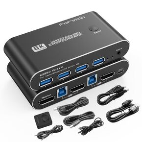 DisplayPort KVM Switch 2 Port - DP 1.4, 8K@30Hz, 4K@144Hz - Forvido USB 3.0 Switch Box for 2 Computers, Share 1 Monitor, Keyboard, Mouse, and USB Peripherals - Includes Cables