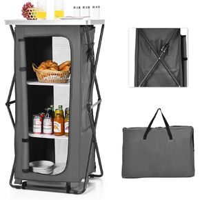 Goplus Folding Camping Storage Cabinet, Pop Up Outdoor Camping Kitchen Station with Large 3-Tier Storage Organizer, Carry Bag, Easy Set Up Portable Compact Camping Table for BBQ Picnic Backyard (55'')