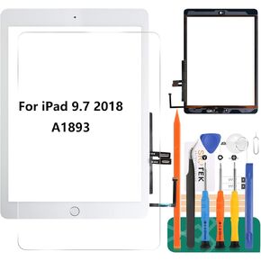 for iPad 9.7 2018 Touch Screen for iPad 6 Digitizer 6th Gen A1893 Screen Replacement A1954 Touch Glass Front Panel Sensor Installed Adhesive +Tools+Tempered Glass (with Home Button) (White)