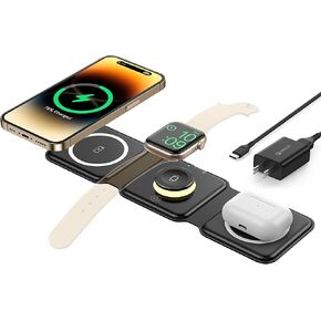 3 in 1 Foldable Wireless Charger, Wireless Charging Station for iPhone 16/15/14/13/12/11 Pro Max/X/XS, Fast Magnetic Travel Wireless Charging Pad for AirPods 3/2/Pro Apple Watch