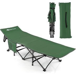 Goplus Folding Camping Cot, 27.5" Sleeping Cot for Adults with Carry Bag, 600LBS Weight Capacity, Slanted Head, Side Pocket, Heavy Duty Portable Camping Bed for Kids, Beach, Office Snap (Green)