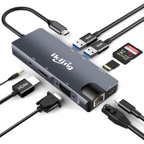 ikling USB C Hub , 9-in-1 USB C Adapter with 4K USB C to HDMI,VGA, USB C Charging, 2 USB 3.0, SD/TF Card Reader, USB C to 3.5mm, Gigabit Ethernet