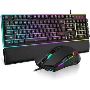 RedThunder K10 Wired Gaming Keyboard and Mouse and Wrist Rest Combo, RGB Backlit, Mechanical Feel Anti-ghosting Keyboard + 7D 7200 DPI Mice+Soft Leather Wrist Rest 3 in 1 PC Gamer Accessories(Black)