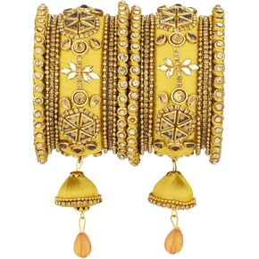 Aheli Royal Design Faux Stone Studded Silk Thread Bangle Chuda Set with Jhumki Tassel Hanging Indian Wedding Fashion Jewelry Gift for Women