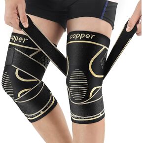 Copper Knee Braces with Strap for Knee Pain Women and Men(2 Pack), Knee Compression Sleeve for Arthritis, ACL, Meniscus Tear, Joint Pain Relief, Knee Support for Working, Running, Weightlifting(M)