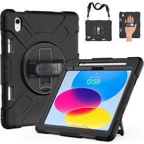 SUPFIVES Case for iPad 10th Generation 2022, Upgraded Military Grade Heavy Duty Silicone Protector iPad 10th Gen 10.9 inch 2022 Cover Pencil Holder+ Rotating Stand+ Handle+ Shoulder Strap(Black)