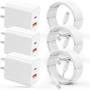 USB C Charger iPhone Charger Fast Charging 3Pack 20W PD+QC3.0 USB A Dual Port Wall Charger Block with 6FT USB C to Lightning Cable Compatible with iPhone 14 Pro Max/13Pro/12/11/XS/XR/X