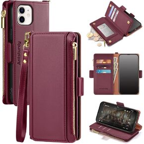 Antsturdy Compatible with iPhone 11 Wallet Case,RFID Blocking PU Leather Phone Case Women Men flip Shockproof Protective Cover Wrist Strap Zipper Credit Card Holder Slots,for Apple 11 6.1",Wine Red