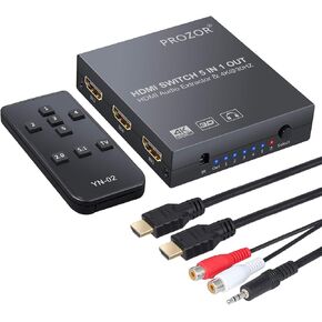 Proster 5x1 HDMI Switcher with Audio Extractor - HDMI Audio Converter with IR Remote Support 4K 3D 3 Feet HDMI 1.4 Cable and 3.5mm Male to 2 RCA Female Stereo Audio Cable