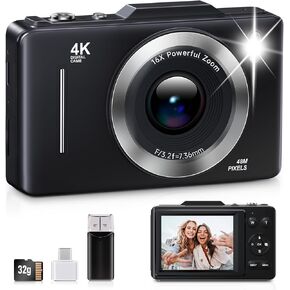 Digital Camera, FHD 1080P Kids Camera Digital with 16x Zoom Anti Shake, 32GB Card, 4K 48MP Portable Compact Point and Shoot Cameras, Vintage Small Camera for Teens Beginner Kids Present (Pink)