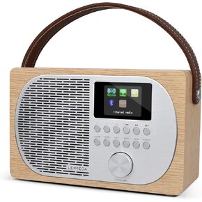 LEMEGA M2P Internet Radio Player,FM Radio Tuner, Bluetooth Speaker, Spotify Connect, Dual Alarms Clock, Kitchen/Sleep/Snooze Timer, Mains and Battery Powered,Colour Display, App Control-White Oak