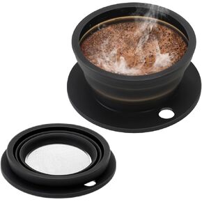 Paperless Collapsible Pour Over Coffee Dripper, Travel Pour Over Coffee Maker Camping with Reusable Metal Filter, Silicone Collapsible coffee filter, Single Cup Coffee Strainer Pour Over Black