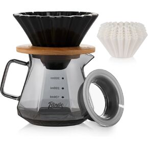 Bincoo 400ML Pour Over Coffee Maker Set with Filter Paper,Ceramic Coffee Dripper with Wood Stand Set for 1-2 Cups-Professional Coffee Brewing Tools for Pour Over & Drip Coffee for Home Office(White)