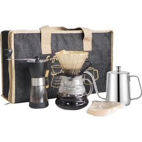 SOTECH Pour Over Coffee Maker Set with Black Gooseneck Kettle Wooden Filter Holder Coffee Dripper Glass Server with Paper Coffee Filters,DIY Manual Coffee Lovers Coffee Set (Natural Jute Bag)