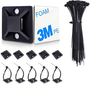 HUASAI 4/5" 100 Pack Zip Tie Mount With Cable Ties,Self Adhesive-backed Mounts for Wire Holder, Black Cable Management Clips Wall Anchors