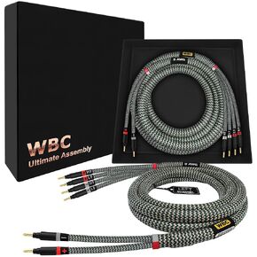 WORLDS BEST CABLES 8 Foot Ultimate - 9 AWG - Ultra-Pure OFC - Premium Audiophile HiFi Bi-Wire Speaker Cable Pair with Eminence Gold Banana Plugs & StlGrn Tweed Jacket