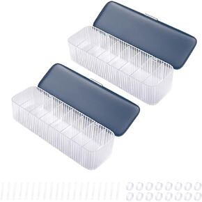 Yesesion 2 Pack Plastic Cord Organizer Box with Lid and 20 Wire Ties, Clear Phone Charger Storage Case with 8 Compartments, Data Cable Management Bins for Office, Desk Drawer, Home (Blue)